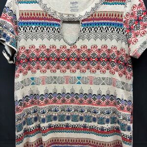 Rafaella Cream Short Sleeve Keyhole Top with Multicolor Geometric Print